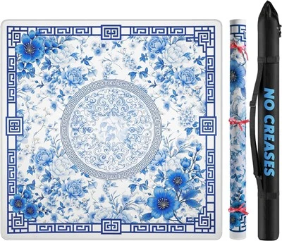 テーブル用麻雀マット 33インチ ロールパッケージ アメリカン麻雀セット用|防水ノンスリップノイズ-軽減麻雀マット、アメリカンネオプレン麻雀マット、ボードゲーム用キャリングバッグ付き(ブルー)
